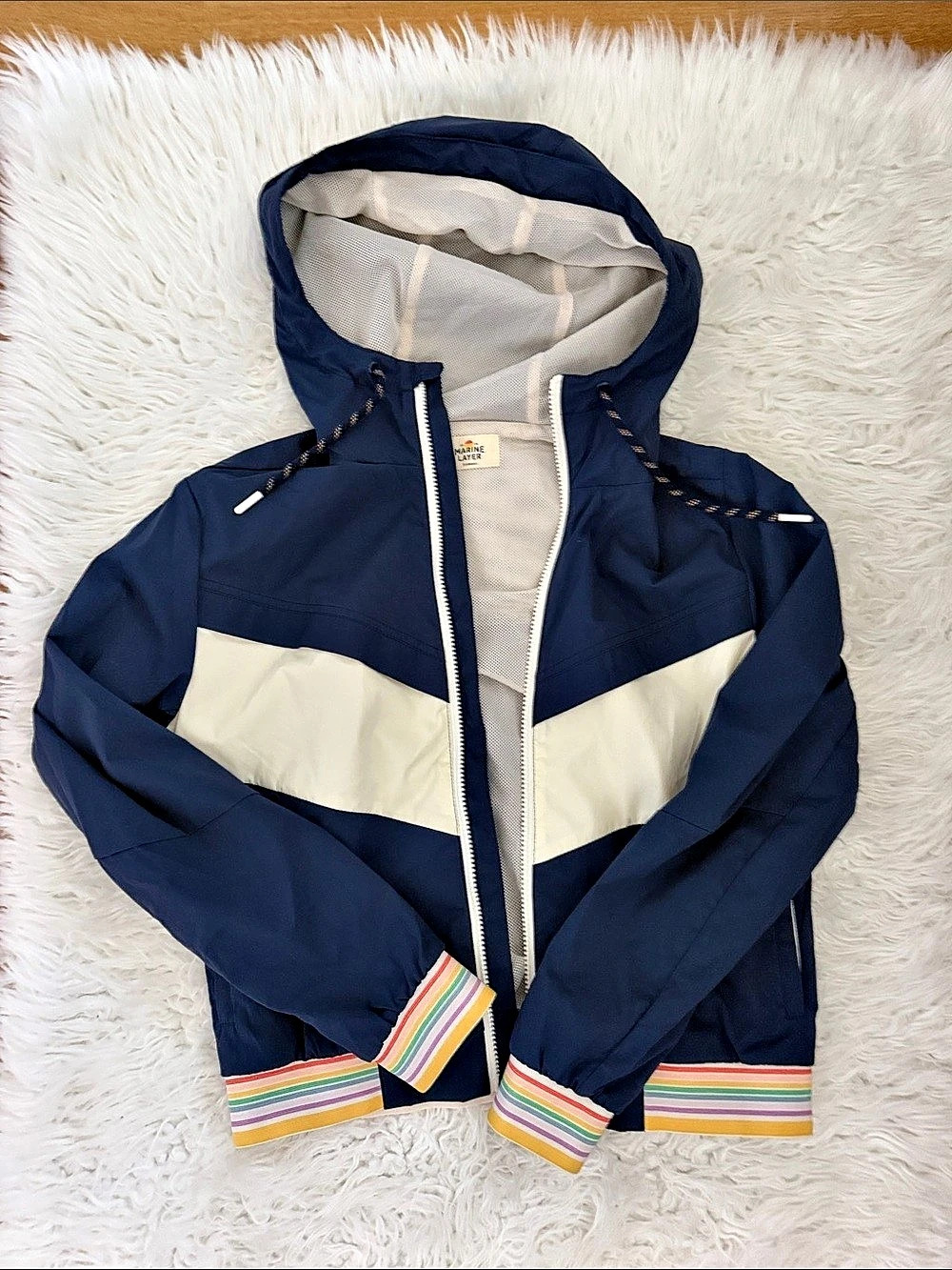 Marine Layer Gabby Windbreaker Color Block Hooded Jacket in Blue & White